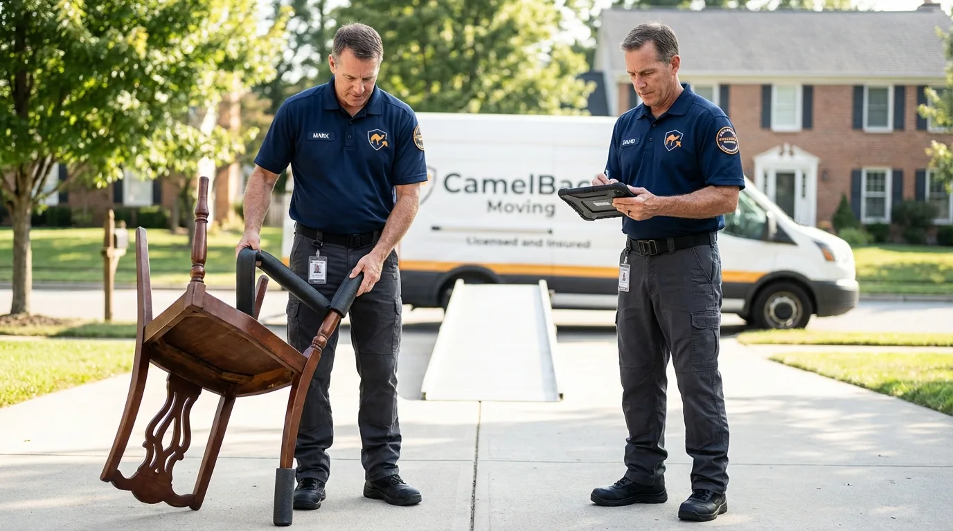 Movers inspecting furniture for damage prevention before loading in Scottsville, KY