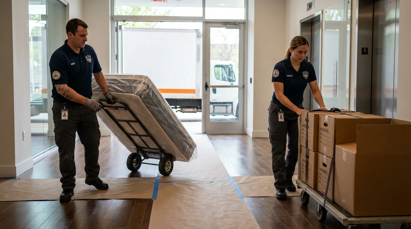 Professional apartment movers loading elevator in Scottsville, KY