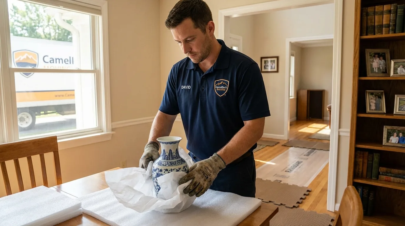 Professional crew carefully wrapping antique vase for senior downsizing move in Scottsville, KY